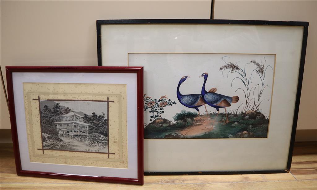 19th century Chinese School, gouache on paper, Study of two exotic birds, 20 x 33cm and a machined silkwork panel of a Japanese temple